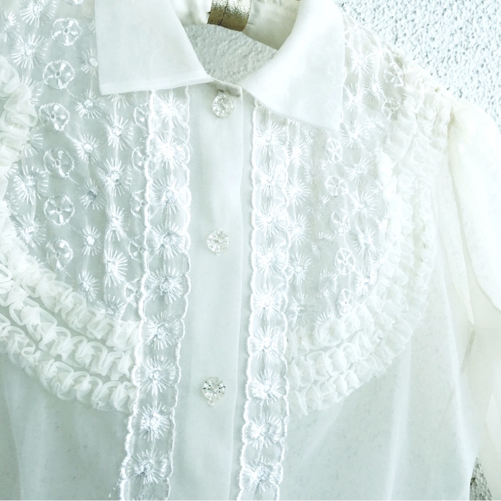 50s Vintage Pinup Nylon Blouse Mark Lee Original Ruffles Transparent Top Sheer S
